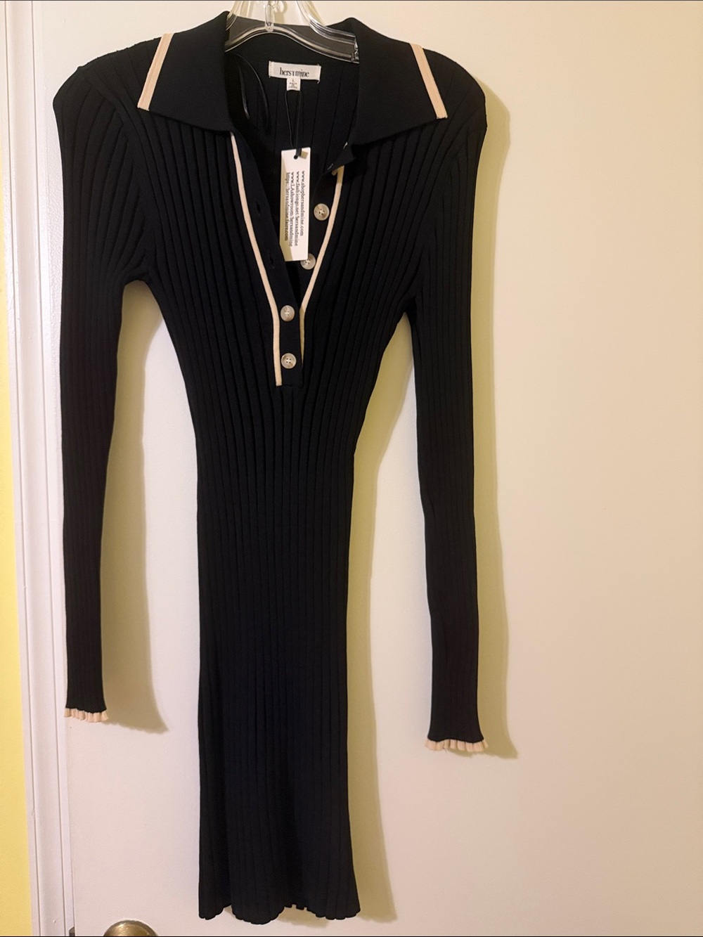 Black Ribbed Long Sleeve Polo Dress with Contrast Trim